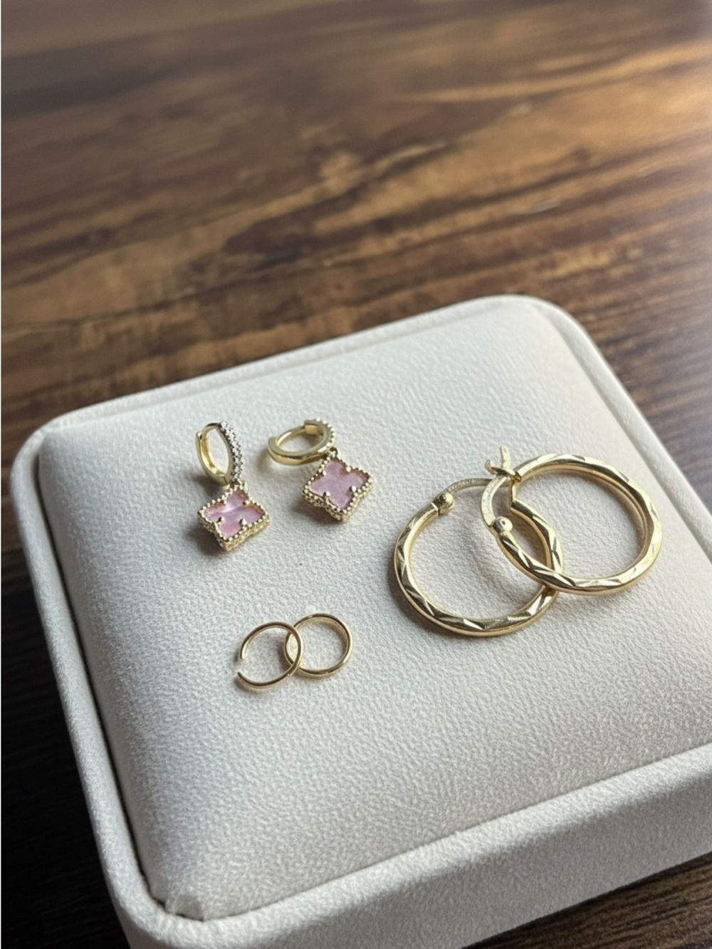 Gold Hoop and Pink Clover Charm Earring Set for Women